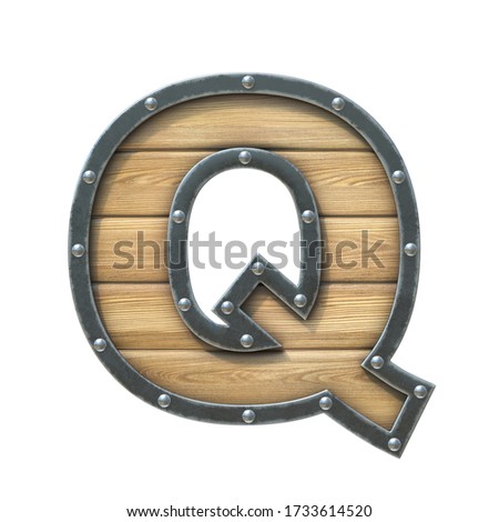 Font made of wooden board with metal frame and rivets, 3d rendering letter Q