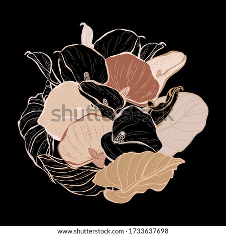 Decorative abstract calla flowers, design elements. Can be used for cards, invitations, banners, posters, print design. Floral background in line art style