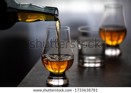 Pouring in tulip-shaped tasting glass Scotch single malt or blended whisky and glas of water Royalty-Free Stock Photo #1733638781