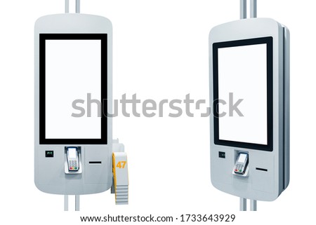 Self-service desk with touch screen and payment terminal. Isolated on white background Royalty-Free Stock Photo #1733643929