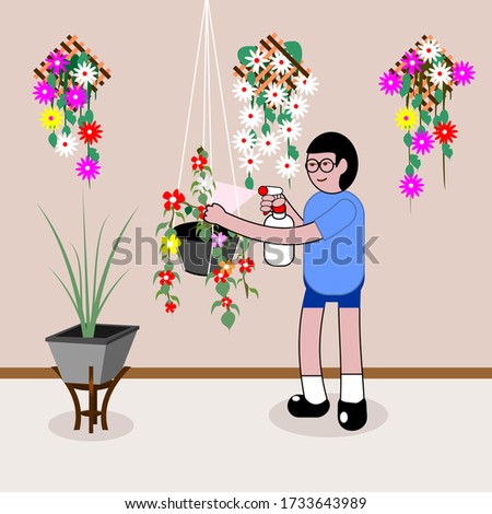 Illustration Vector, graphic Cartoon Character of brother gardening at home, when free time 