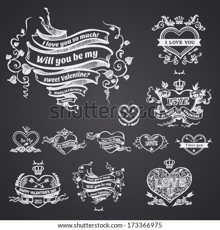 Valentine's day card concept. Set of vintage hearts. Vector vintage baroque engraving floral scroll filigree design. Royalty-Free Stock Photo #173366975