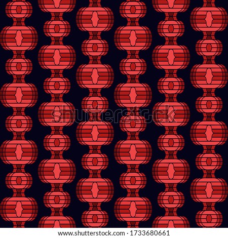 Seamless vector pattern with vertical strings of red paper lanterns in the black sky. Perfect background for Chinese New Year, spring or mid-autumn festival. Abstract illustration of oriental lamps.