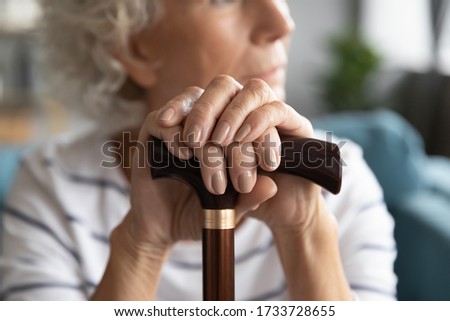 Close up focus on wrinkled female hands lying on walking cane. Disabled middle aged elder woman holding wooden stick, resting sitting on sofa indoors, disability retirement people lifestyle concept. Royalty-Free Stock Photo #1733728655