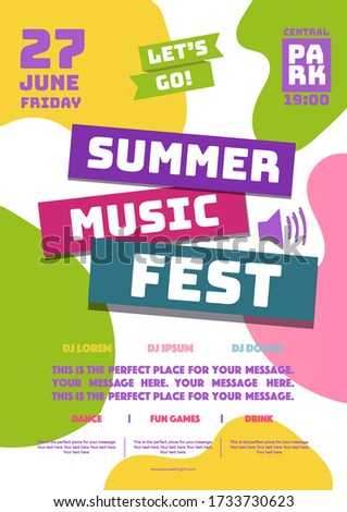 Summer music fest party poster flat cartoon style for electronic music fest, club party flyer, dance festival. Vector 10 eps
