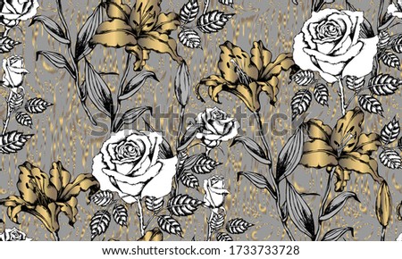 Pattern of lily and rose. Vector illustration. Suitable for fabric,     mural,  wrapping paper and the like