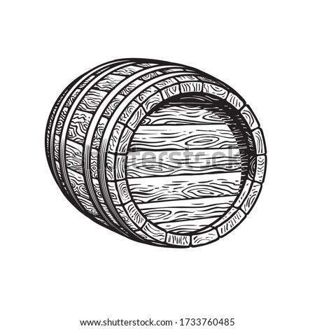Sketch of old wooden barrel lying on its side. Beer, wine, rum whiskey barrel three quarters view in vintage engraving style. Hand drawn vector illustrations isolated on white background.