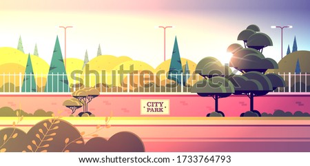 city park sign board on fence beautiful summer day sunset landscape background horizontal vector illustration