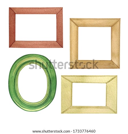 Watercolor set of vintage frames isolated on white background. Oval green frame, beige quadrate and rectangular picture frames.
