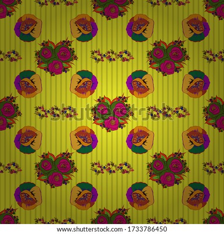 Vector seamless background pattern with stylized poppy flowers and leaves in yellow, green and orange colors.