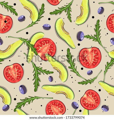 Seamless pattern with tomato, avocado, olives and arugula. Vegan background