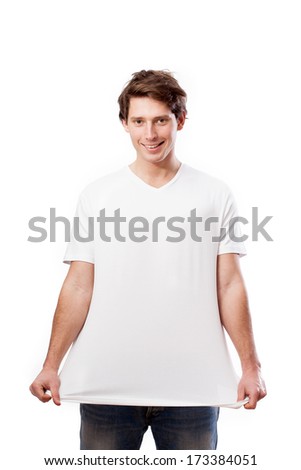 Young man isolated in white t-shirt showing you space for your own text here