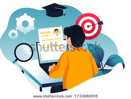 CV preparation vector illustration. Man preparing cv, searching for job background.  Royalty-Free Stock Photo #1733880098