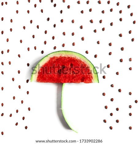 A creative photography idea done with watermelon piece and seeds. In which tha watermelon piece is used as umbrella while seeds as rain .
