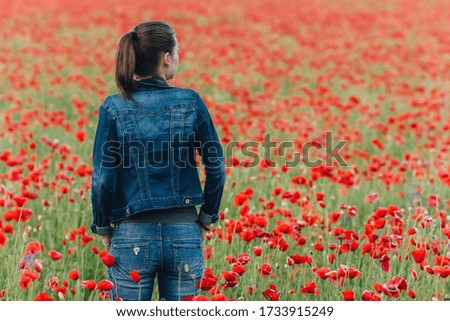Girl in a poppy field. beautiful flowers. Banner photo. place for text.