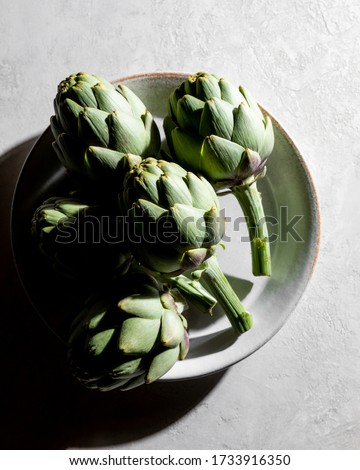 Freshly harvested from the garden, artichokes sit on a plate in the direct sunlight, which casts hard shadows and highlights the beautiful and intricate structure of the artichoke leaves.