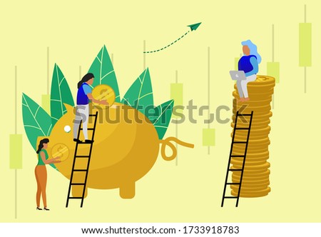 Vector illustration , teamwork concept on piggy bank coin teamwork white background,   finance service small bankers are engaged in  work. saving coin invest money arrow gold