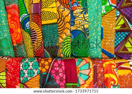 African traditional fabrics in a shop in Ghana