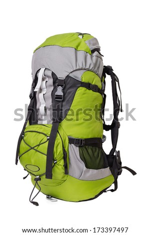 Side shot of green touristic backpack on white background