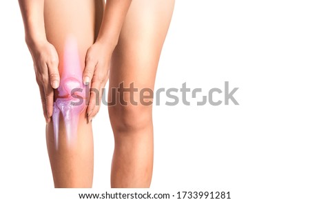 Isolated woman touching right knee joint, OA knee joint concept Royalty-Free Stock Photo #1733991281
