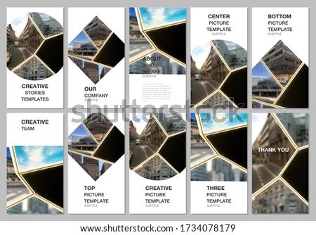 Social networks stories design, vertical banner or flyer templates. Covers design templates for flyer, leaflet, brochure cover, banner. Black and golden project with clipping mask for your photo.