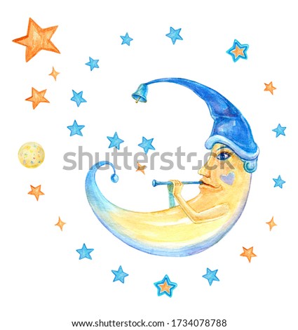 Hand drawn illustration with cartoon moon in blue hat with bell on the top playing the flute starry melody.Watercolor bedtime picture with stars and  crescent for cards, print, decoration