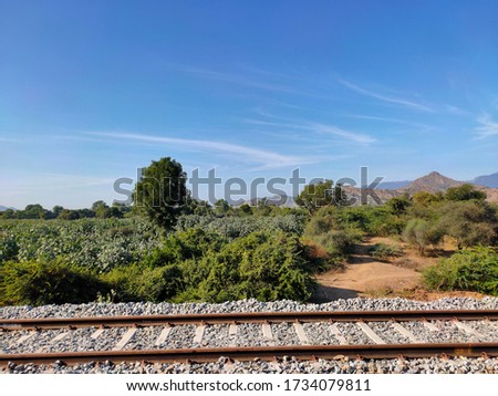 The view of winter trees and with railway tracks with mountains in background at Mount aabu, Gujarat, india , January 2020.