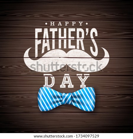 Happy Father's Day Greeting Card Design with Sriped Bow Tie, Mustache and Typography Letter on Vintage Wood Background. Vector Celebration Illustration for Dad. Template for Banner, Flyer, Invitation.