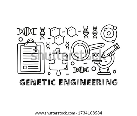 Group of doodle outline genetic engineering icons including dna, microscope, blank clipboard, molecule, loupe, puzzle piece isolated on white background.