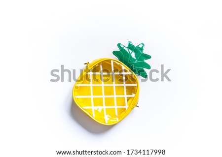 Hipster neon. Pineapple bag Back to school concept Lots of different stationery items on colorful. flat lay