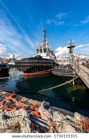 Group of tugboats moored in the port of La Spezia, tied with hawsers to the quay. Liguria, Italy, Europe