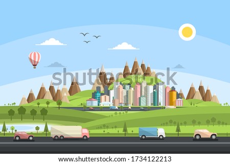 Cars on Street with City and Mountains on Background - Vector Landscape