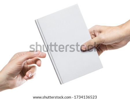 Hands sharing blank book, isolated on white background Royalty-Free Stock Photo #1734136523