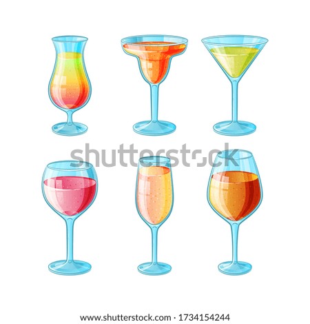 Set of six hand drawn glasses with cocktails in color