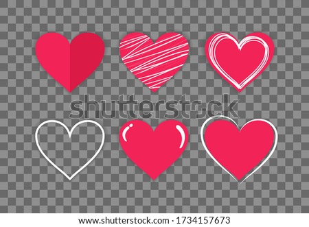 Collection of hand drawn red hearts on a transparent background. Symbol of love and care. Six beautiful different styles. Suitable for any style. Isolated easy to edit Flat Vector Illustration EPS 10