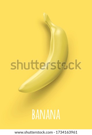 Realistic vector banana isolated on yellow background, top view. 3D illustration template for products, advertizing, web banners, leaflets