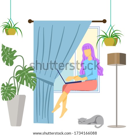 A woman sitting on a window in the room with her cat. Vector illustration