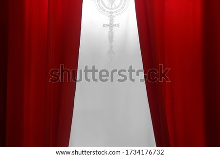 Red curtain at white background. Red drop curtain with white empty copy space