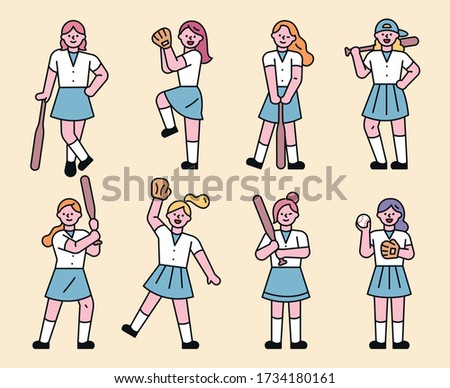 Girl character in various baseball poses. flat design style minimal vector illustration.