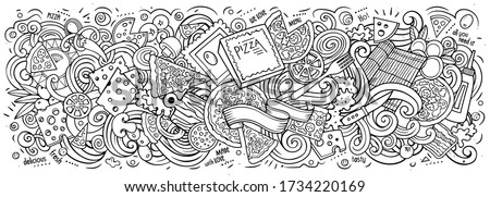 Pizza hand drawn cartoon doodles illustration. Pizzeria funny objects and elements design. Creative art background. Line art vector banner