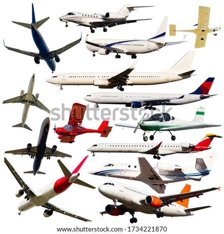 Passenger airplanes, gliders, gyroplanes, aircrafts  isolated on white background