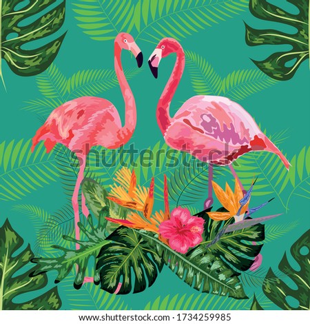 Pink exotic flamingo wading birds couple. Seamless pattern texture. green tropical jungle rainforest palm tree leaves.