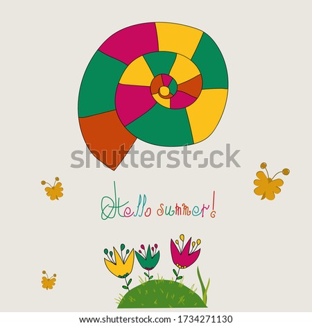 Pretty Postcard Hello summer, with Different Color Flowers. Vector illustration. Perfect for your design.