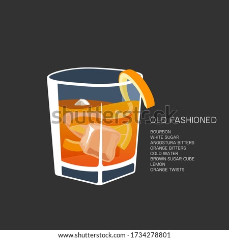Vector illustration of alcohol Cocktail Old Fashioned: glass with bourbon and ice cubes with orange twists and lemon. Classic long drink on black, club cocktail with orange and lemon garnish Royalty-Free Stock Photo #1734278801