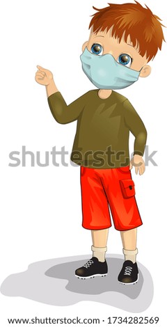 Funny boy wears a protective medical face mask for prevent viruses. Quarantine concept vector illustration. Illustration about the coronavirus Covid-19. Isolated clipart. In cartoon style 