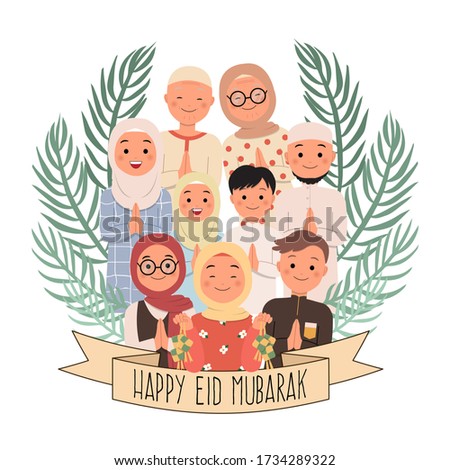 Illustration of big family say happy eid mubarak isolated on white background. Flat style vector design