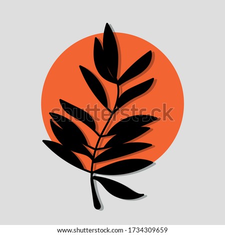 Beautiful laconic logo with a single leaf of a plant and sun. Fern or forest flowers on a circle background. Geometry, silhouette and nature. Stylish item. EPS 10
