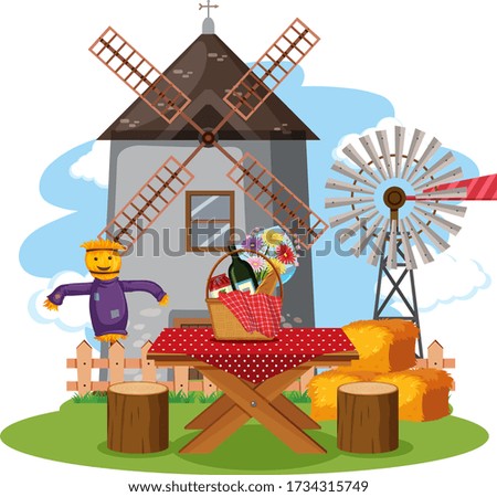 Scene with windmill tower and food on the picnic table illustration