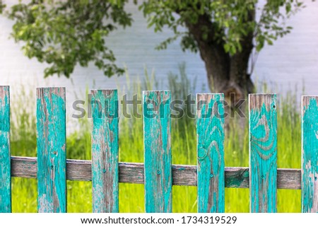 Green fence against the background of juicy grass in the village in summer.