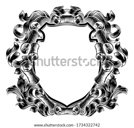 A coat of arms crest scroll and leaves vintage medieval style family heraldic shield decorative background frame.